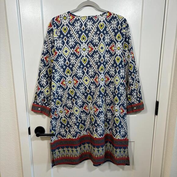 World Market Women L/XL Tunic Dress Embroidered Geometric Boho Tassel Aztec - Picture 3 of 7